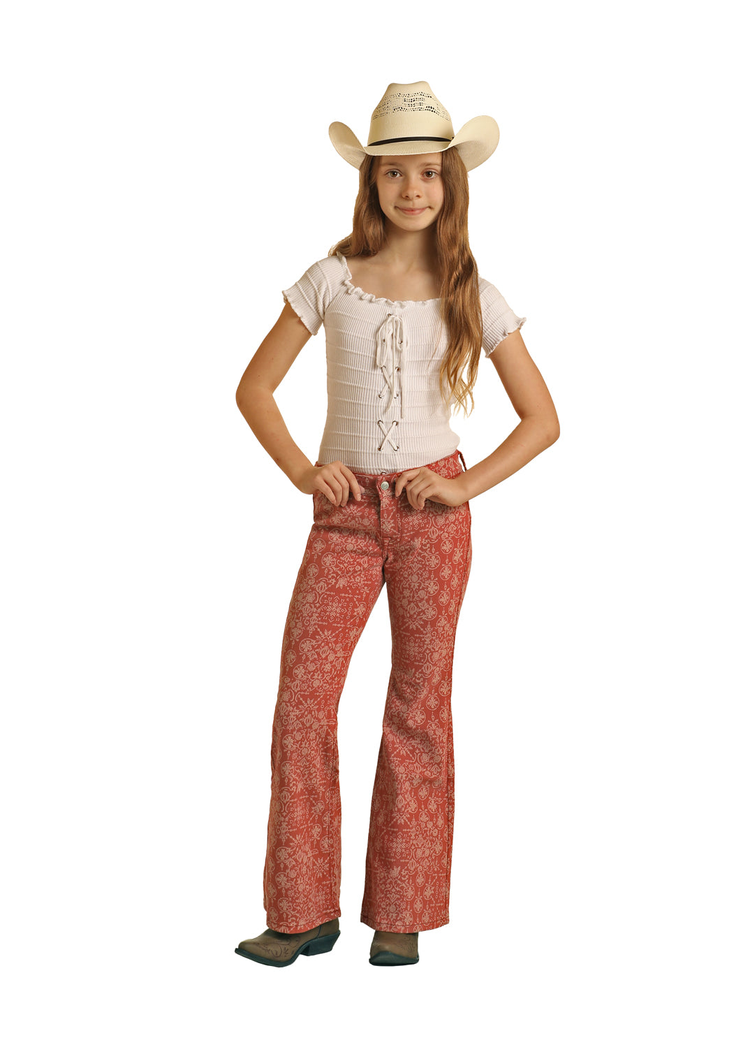 ROCK N ROLL GIRLS RED BANDANA BUTTON FLARE