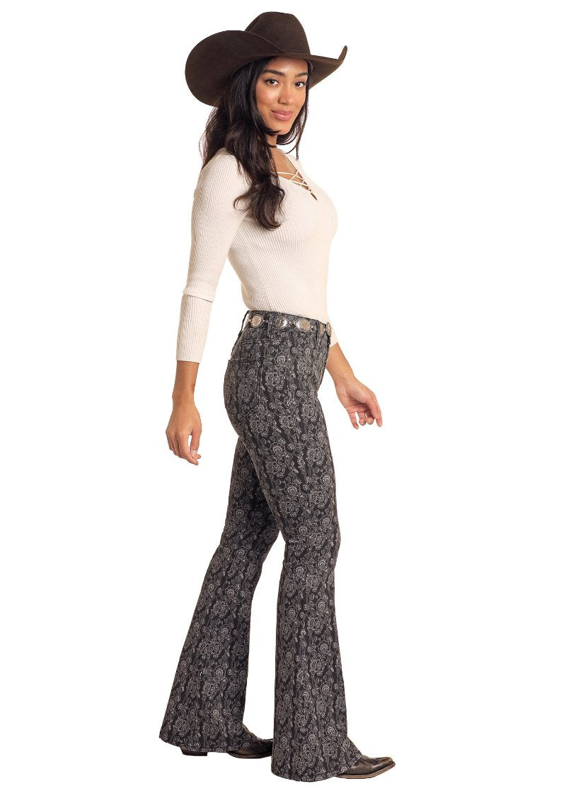 ROCK N ROLL BLACK FLORAL BUTTON FLARE