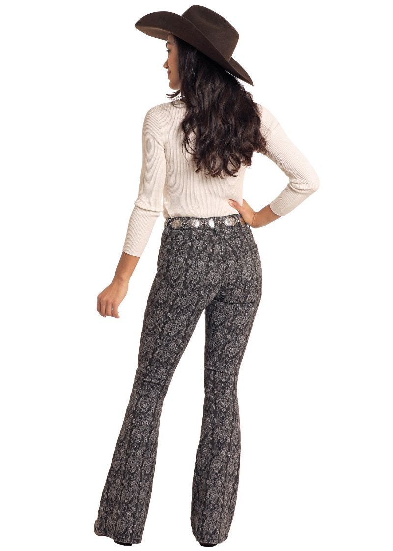ROCK N ROLL BLACK FLORAL BUTTON FLARE