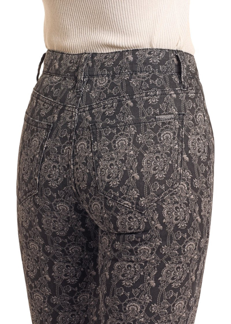 ROCK N ROLL BLACK FLORAL BUTTON FLARE
