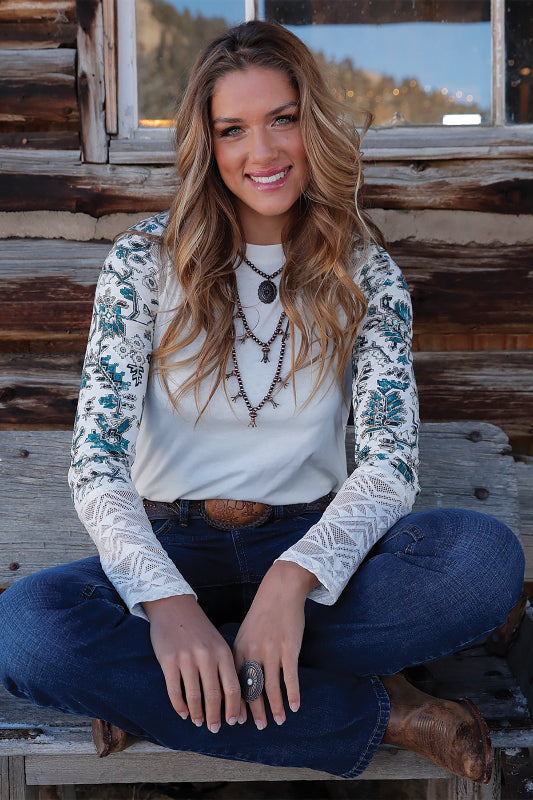 CRUEL DENIM CREAM PRINT WOMENS L/S KNIT