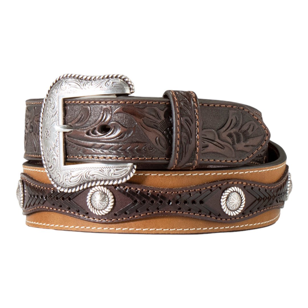 NOCONA MENS BELT 1 1/2" FLORAL EMBOSSED TABS LACING BROWN