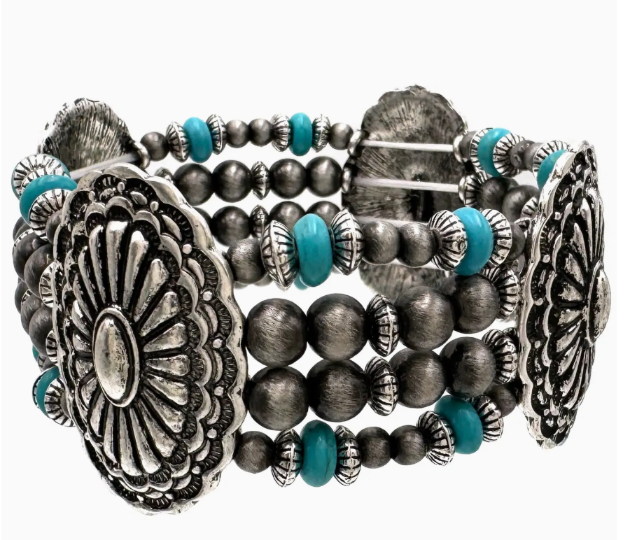 Rustic Concho Navajo Four Layered Bead Stretch Bracelet