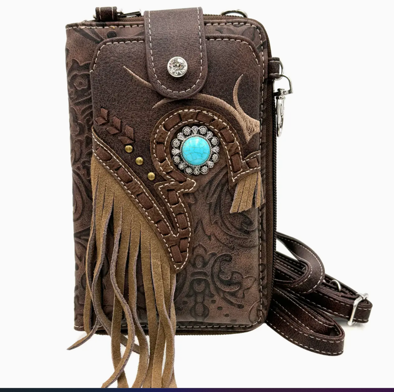 FRINGE CROSSBODY PHONE WALLET W TURQ.