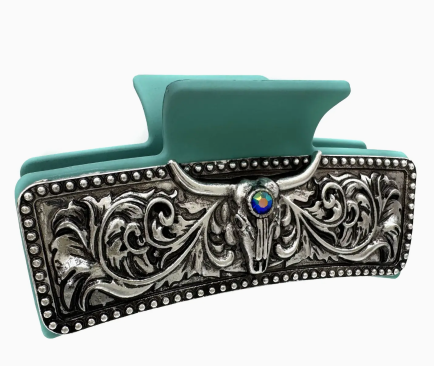 Western Longhorn Rhinestone Silver Turquoise Hair Claw