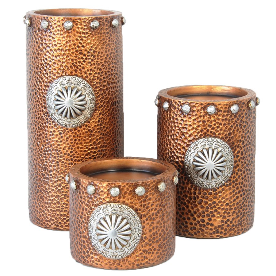 Faux Hammered Copper with Concho Pillar Candle Holder - Set of 3