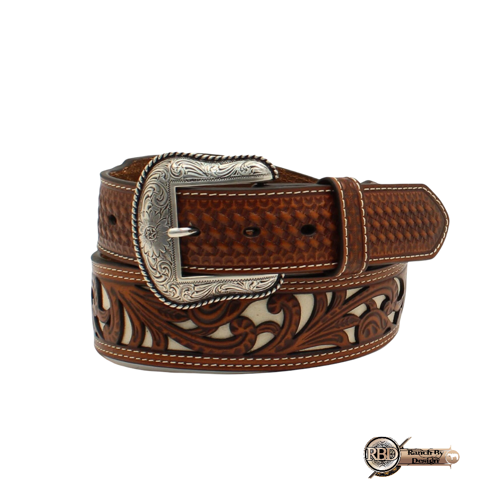 NOCONA MENS BELT 1 1/4 - 1 1/2 FLORAL PIERCED DOUBLE STITCH