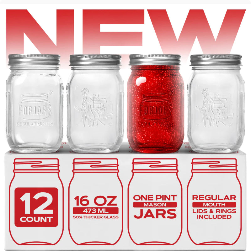 FORJARS® - Premium Mason Jars – 16 oz (12-Pack) | Regular Mouth Glass Canning Jars