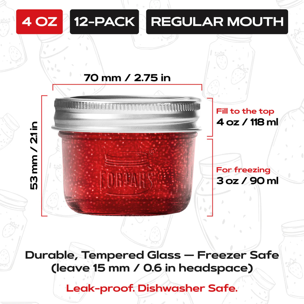 FORJARS® - FORJARS® Premium Mason Jars – 4 oz (12-Pack) | Regular Mouth Glass Canning Jars