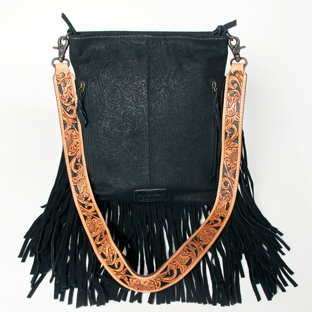 AMERICAN DARLING BLACK TOOLED SUEDE BAG WITH FRINGE