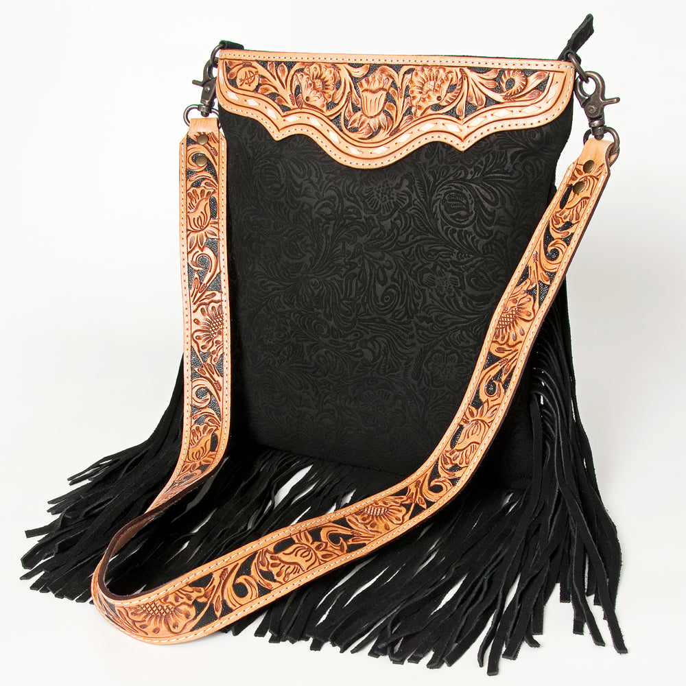 AMERICAN DARLING BLACK TOOLED SUEDE BAG WITH FRINGE