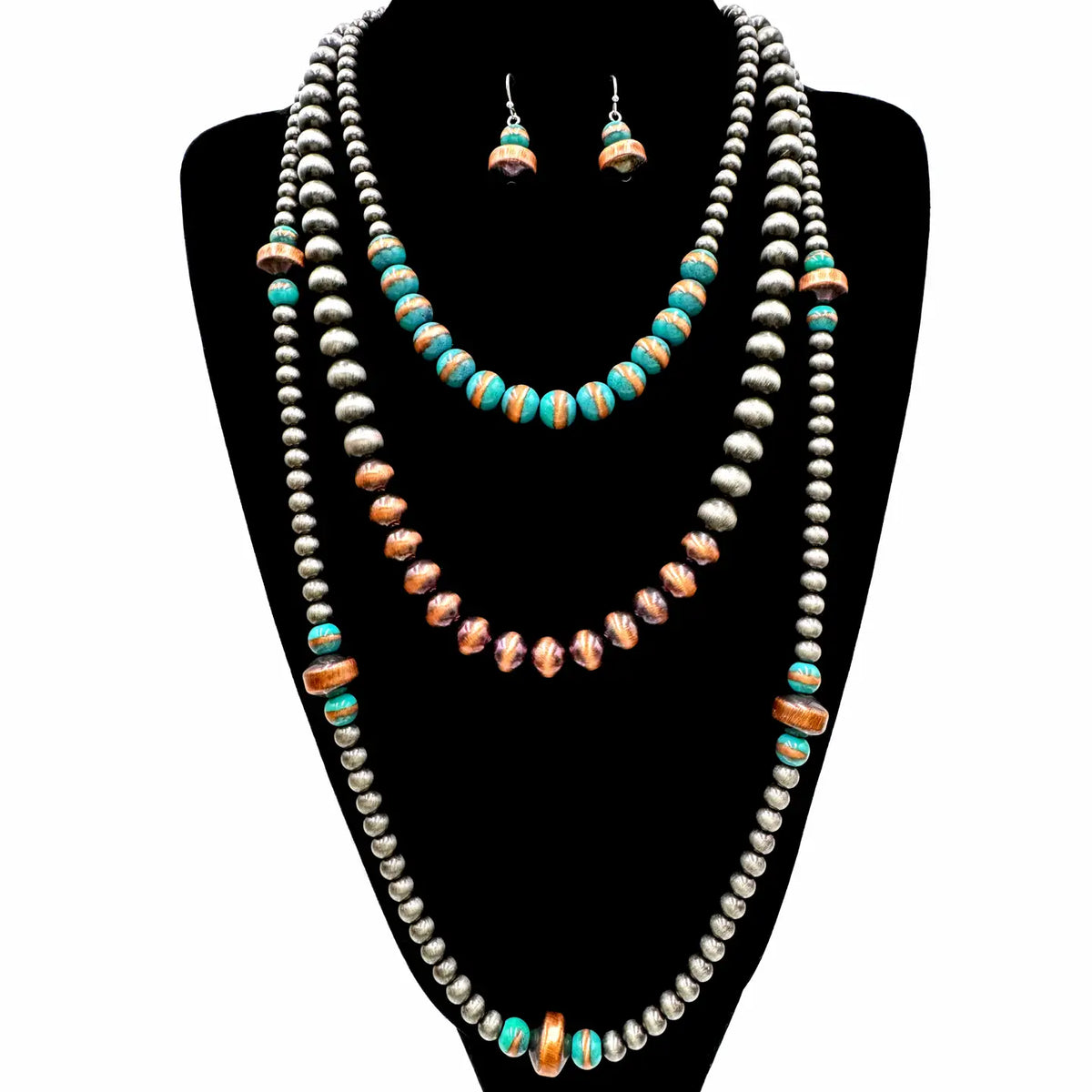 Navajo Beads Three Layer Necklace Earrings Set