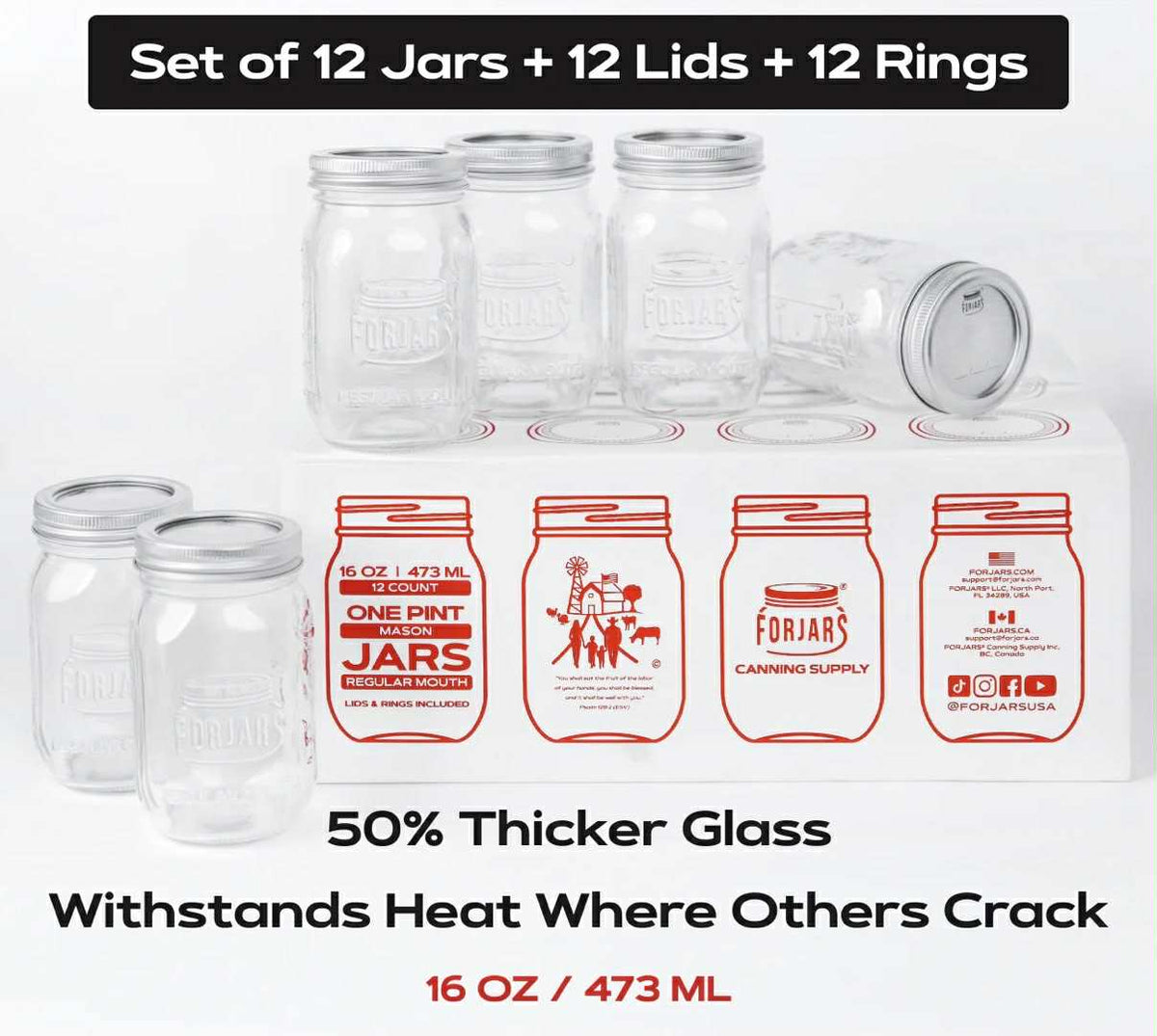 FORJARS® - Premium Mason Jars – 8 oz (12-Pack) | Regular Mouth Glass Canning Jars
