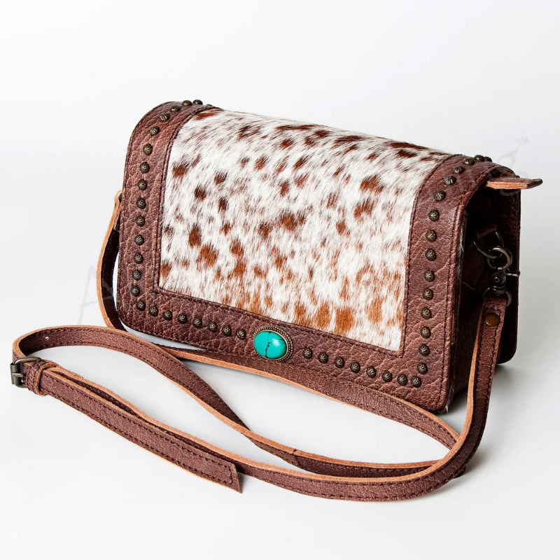 American Darling Cowhide & Leather Crossbody Bag with Turquoise & Studs