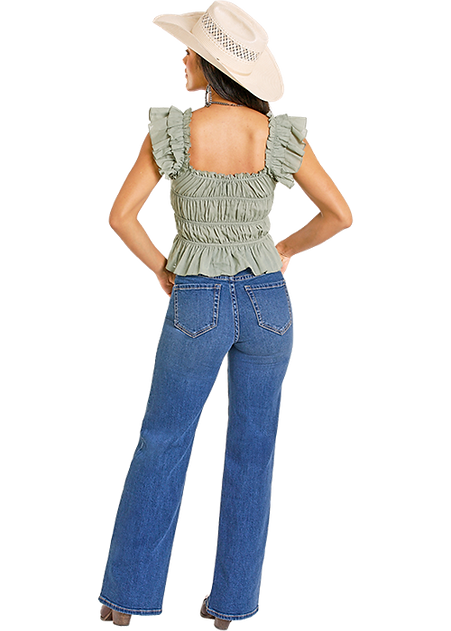 ROCK&ROLL FLORAL JADE RUCHED TANK TOP