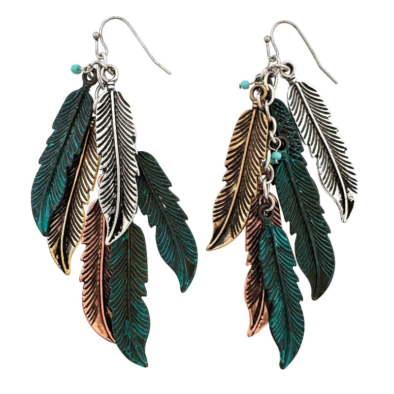 FEATHER CLUSTER BOHO TRICOLOR PATINA EARRINGS