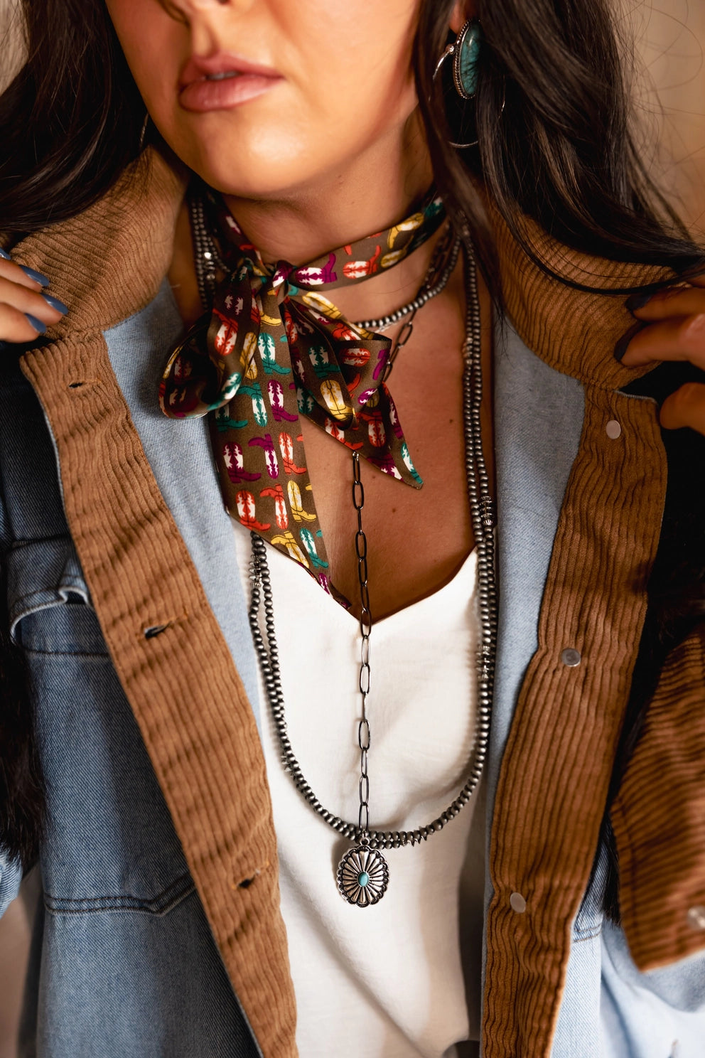 BROWN SILK TWILLY WITH MULTI COLOR BOOTS