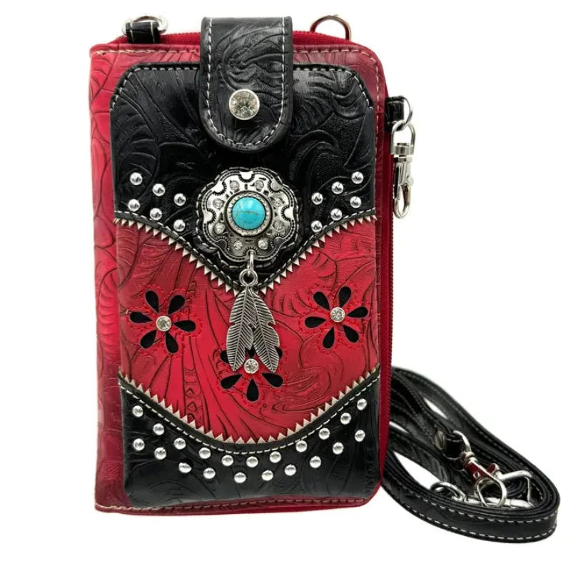 TURQUOISE STONE FEATHER PHONE WALLET - RED