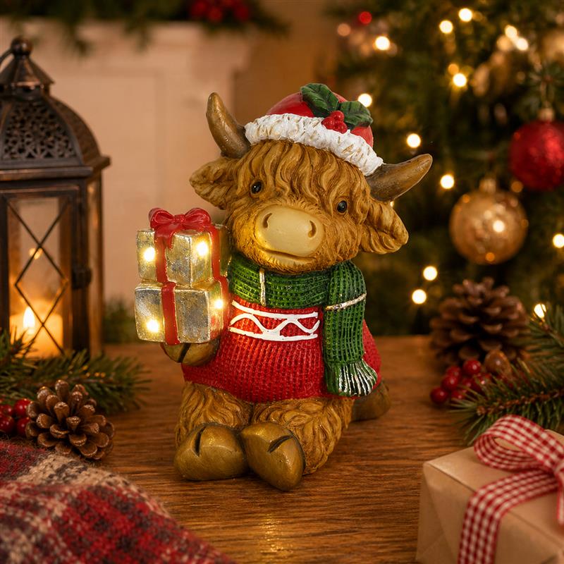 LED HIGHLAND COW WITH PRESENT