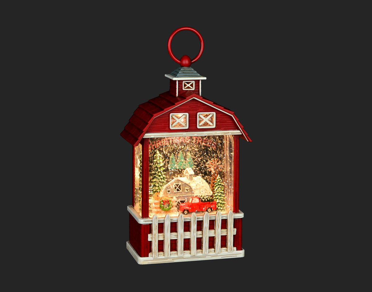 9.5" Red Barn Snow Globe W/Truck, House & Led Lights