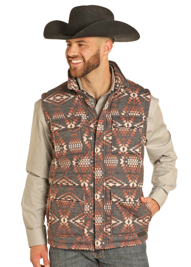 ROCK & ROLL MENS MELANGE PRINTED PUFFER VEST