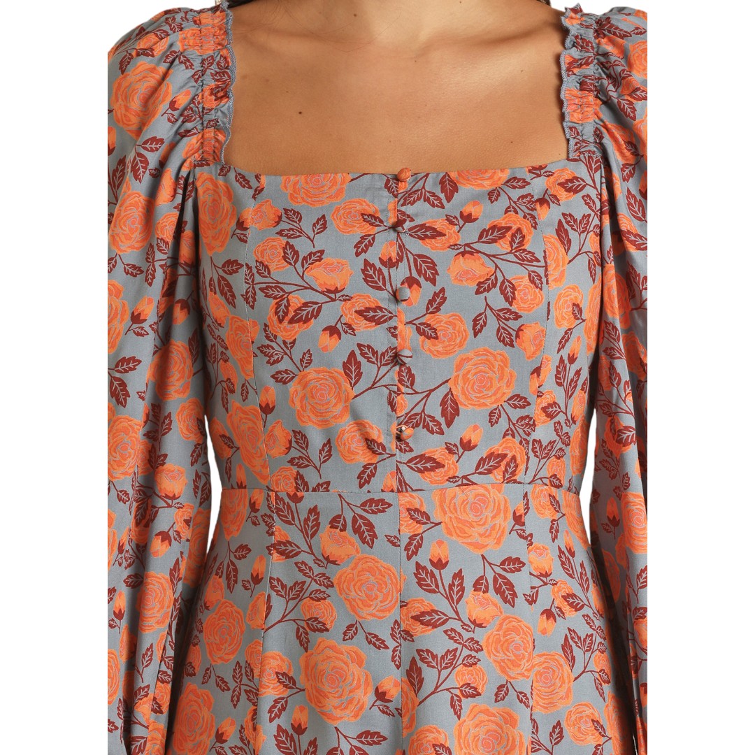 R&R FLORAL BLOUSON SLEEVE DRESS