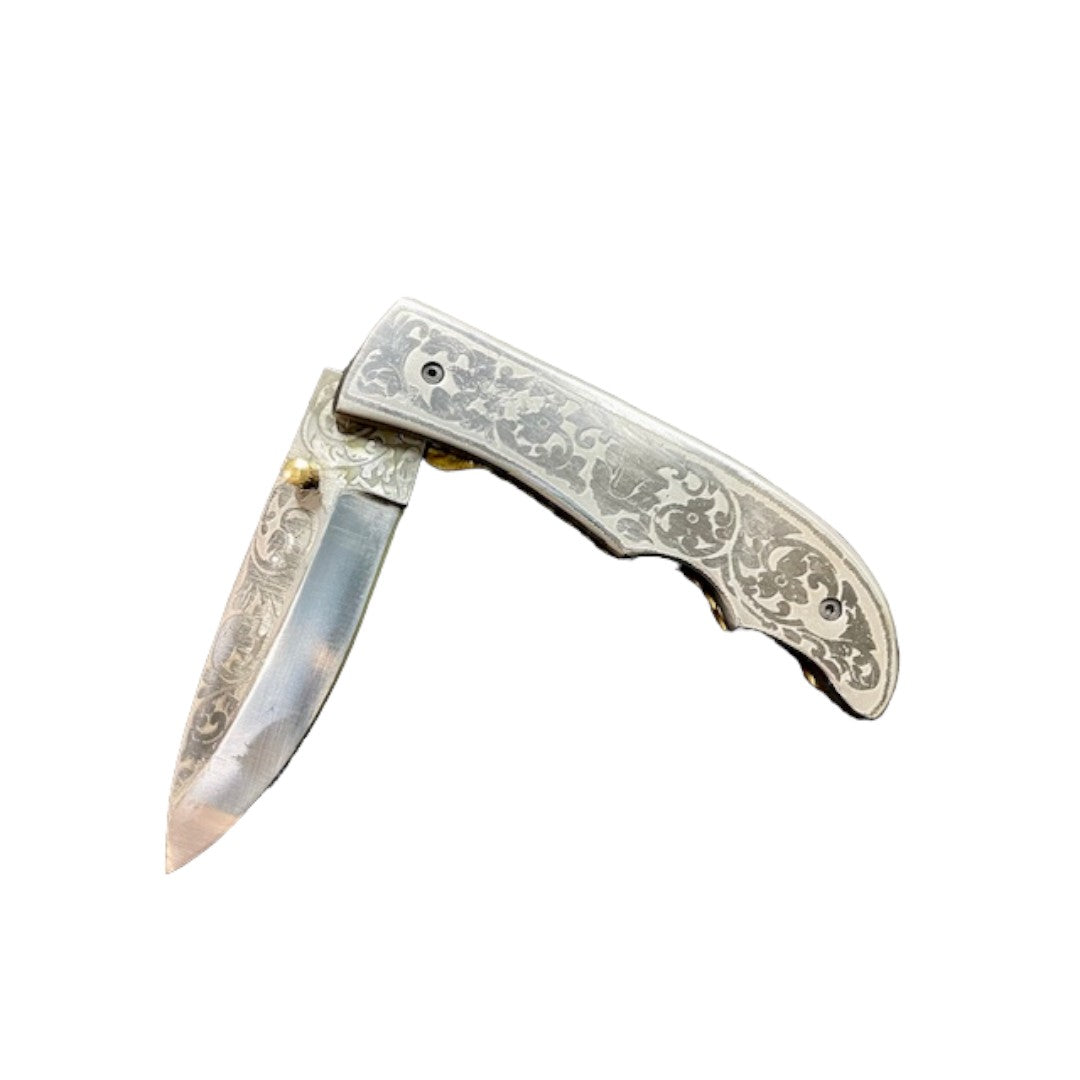 ETCHED STAINLESS STEEL FOLDING POCKET KNIFE