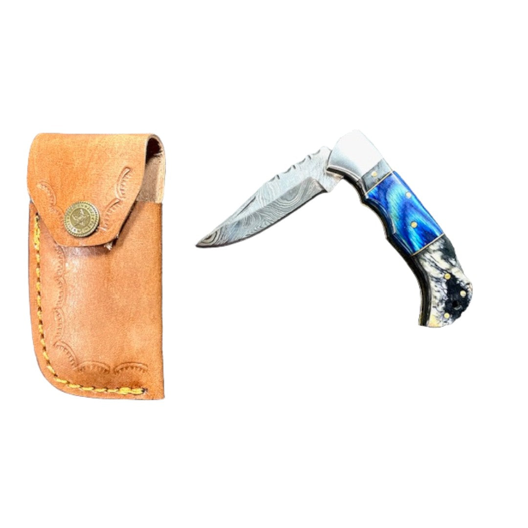 VIKING DAMASCUS FOLDING POCKET KNIFE BLACK AND BLUE