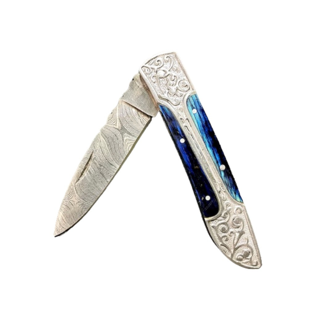 VIKING DAMASCUS FOLDING POCKET KNIFE WITH SILVER - BLUE