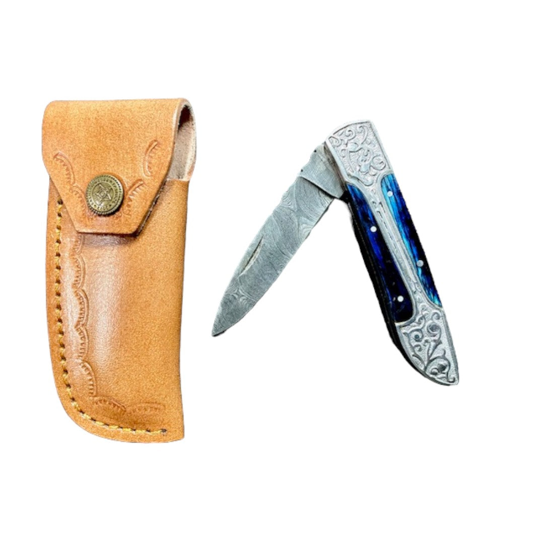 VIKING DAMASCUS FOLDING POCKET KNIFE WITH SILVER - BLUE