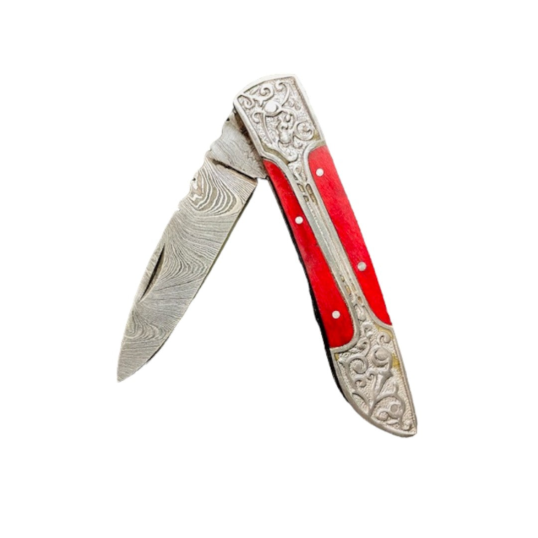 VIKING DAMASCUS FOLDING POCKET KNIFE RED WOOD