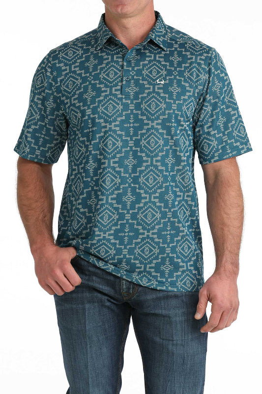 CINCH MENS WESTERN PRINT ARENA FLEX POLO - BLUE