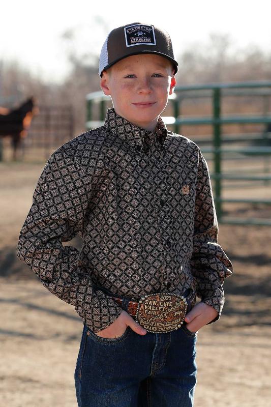 CINCH BOYS BUTTON SHIRT BLACK AND COPPER