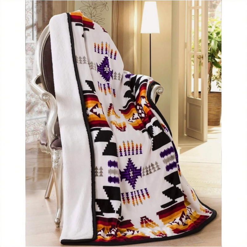White Aztec Sherpa Borrego Fleece Throw Blanket
