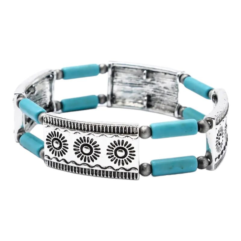 Turquoise Tube Bead and Silver Sun Stretch Bracelet