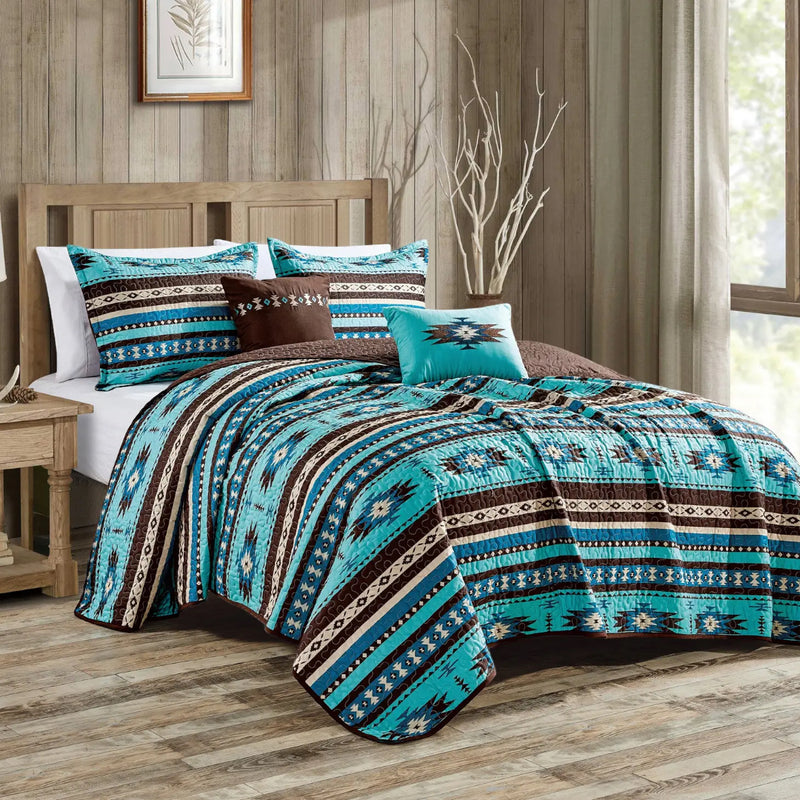 SOUTHWEST TURQUOISE TAN AZTEC COVERLET 5 PC SET - QUEEN
