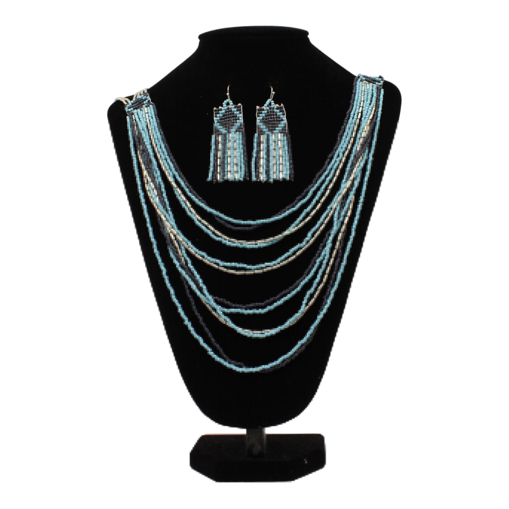 SILVER STRIKE NECKLACE SET LAYERED BEADED BLUE