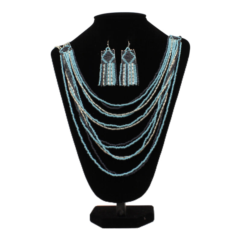 SILVER STRIKE NECKLACE SET LAYERED BEADED BLUE