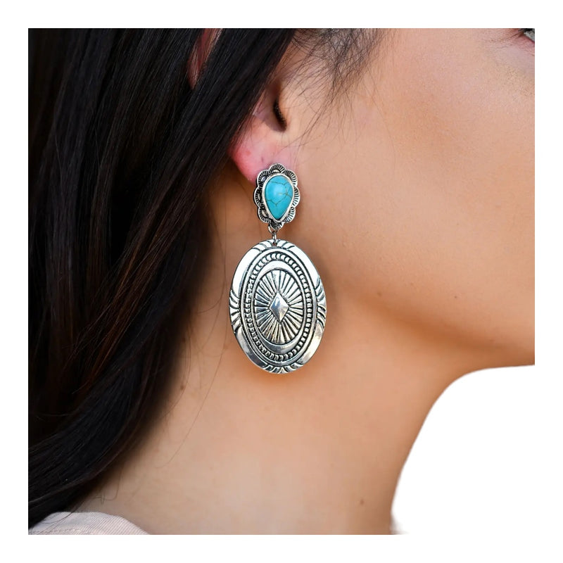 Large Burnished Silver Concho Earring w/ Turquoise Teardrop