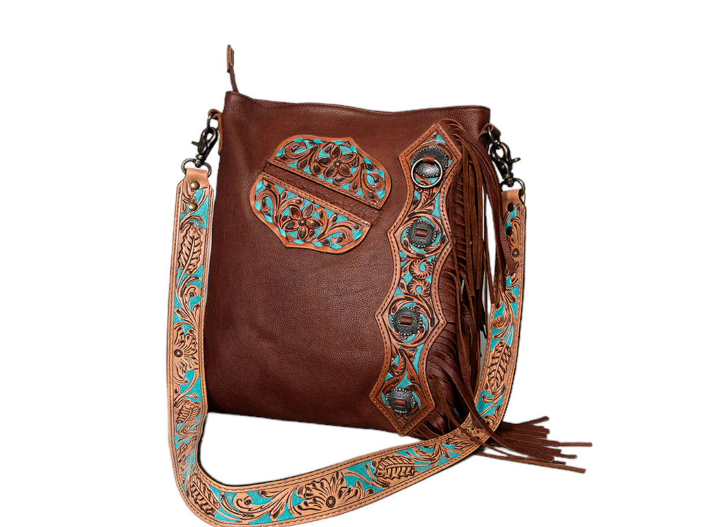 AMERICAN DARLING Full Grain Leather Chap bag with Fringes Turquoise Inlay