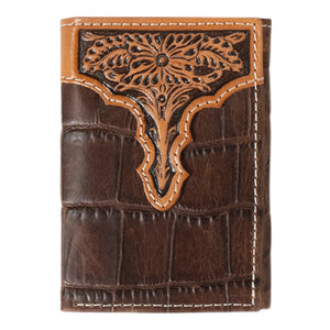 ARIAT TRIFOLD WALLET CROC FLORAL EMBOSSED BROWN