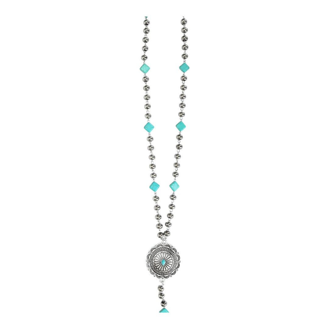 32"" Silver Disc Bead Y Necklace w/ Turquoise Diamond Accent