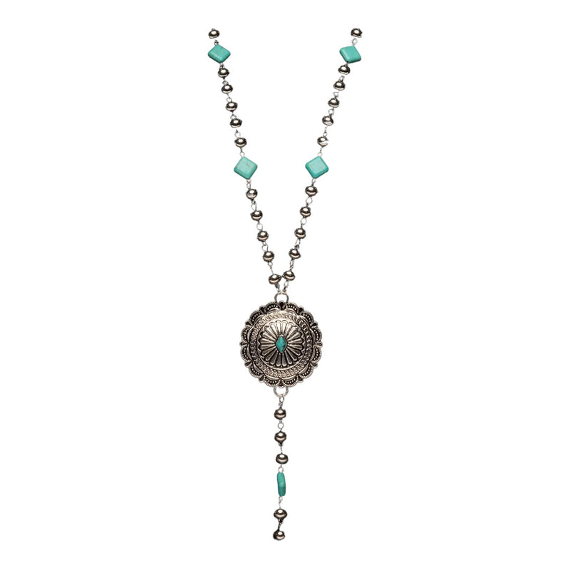 32"" Silver Disc Bead Y Necklace w/ Turquoise Diamond Accent