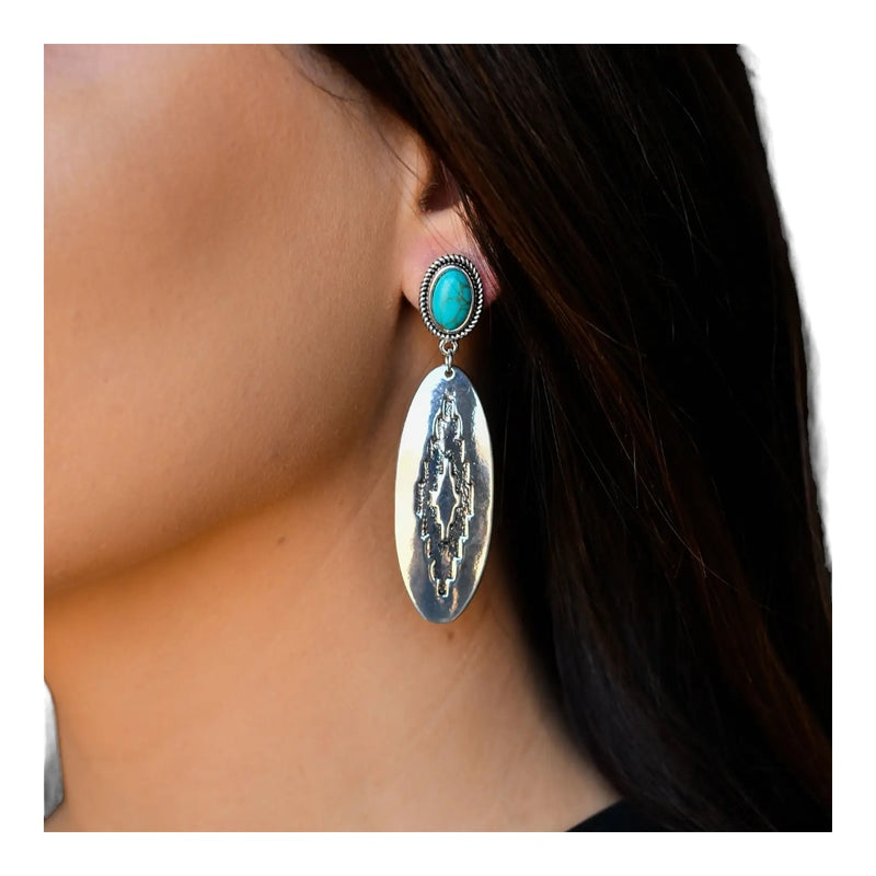 3" Oval Aztec Stamped Earring On Turquoise Post