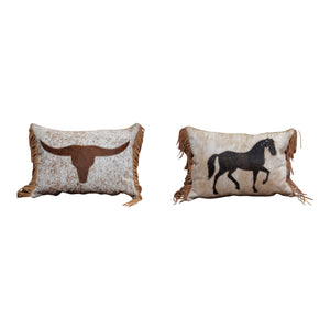 Genuine Cowhide Pillow with Design with Fringe