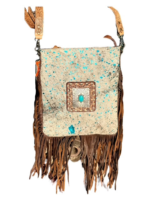 COWHIDE WITH METALLIC AND FRINGE WITH SILVER BUCKLE