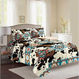 Turquoise Cow Print Southwest 3pc Sherpa Blanket