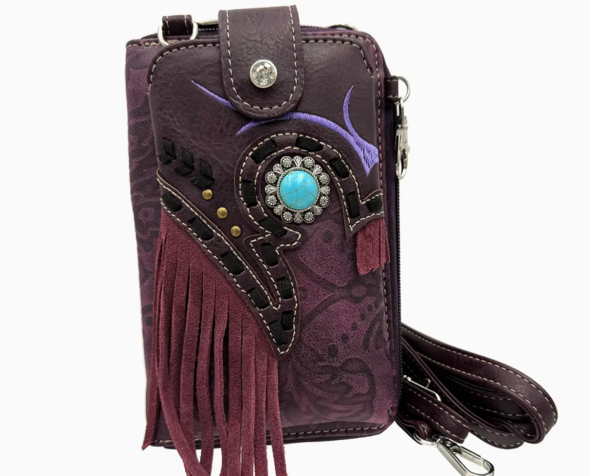 FRINGE CROSSBODY PHONE WALLET W TURQ.PURPLE