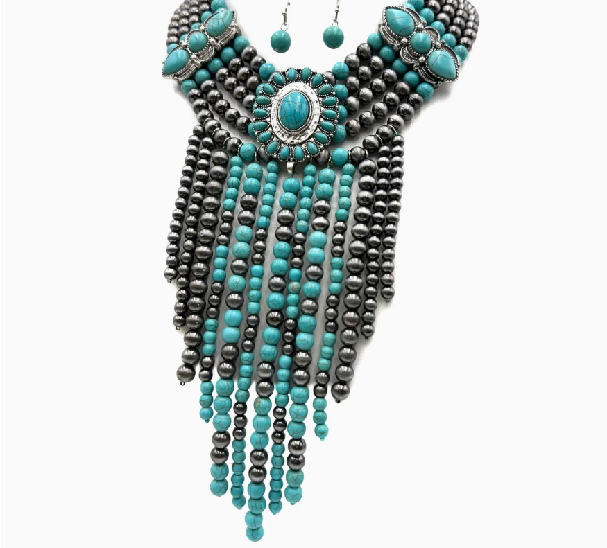 Western Fringe Navajo Turquoise Beads Statement Necklace
