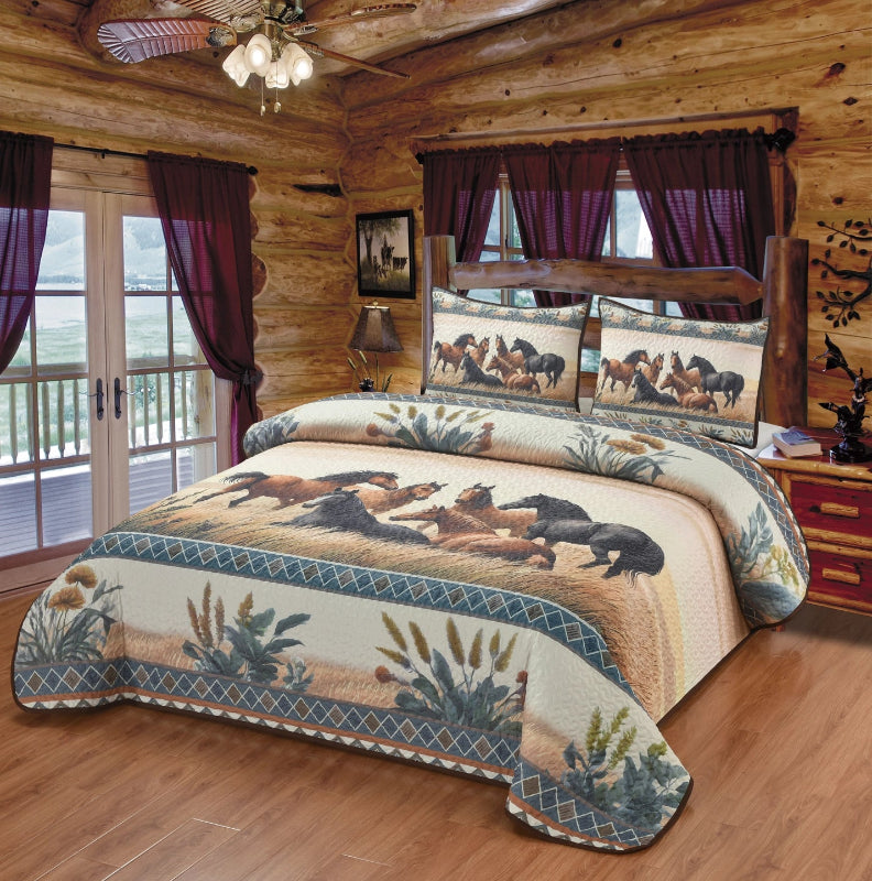 RESTING HORSES PRAIRIE QUILT SET - QUEEN